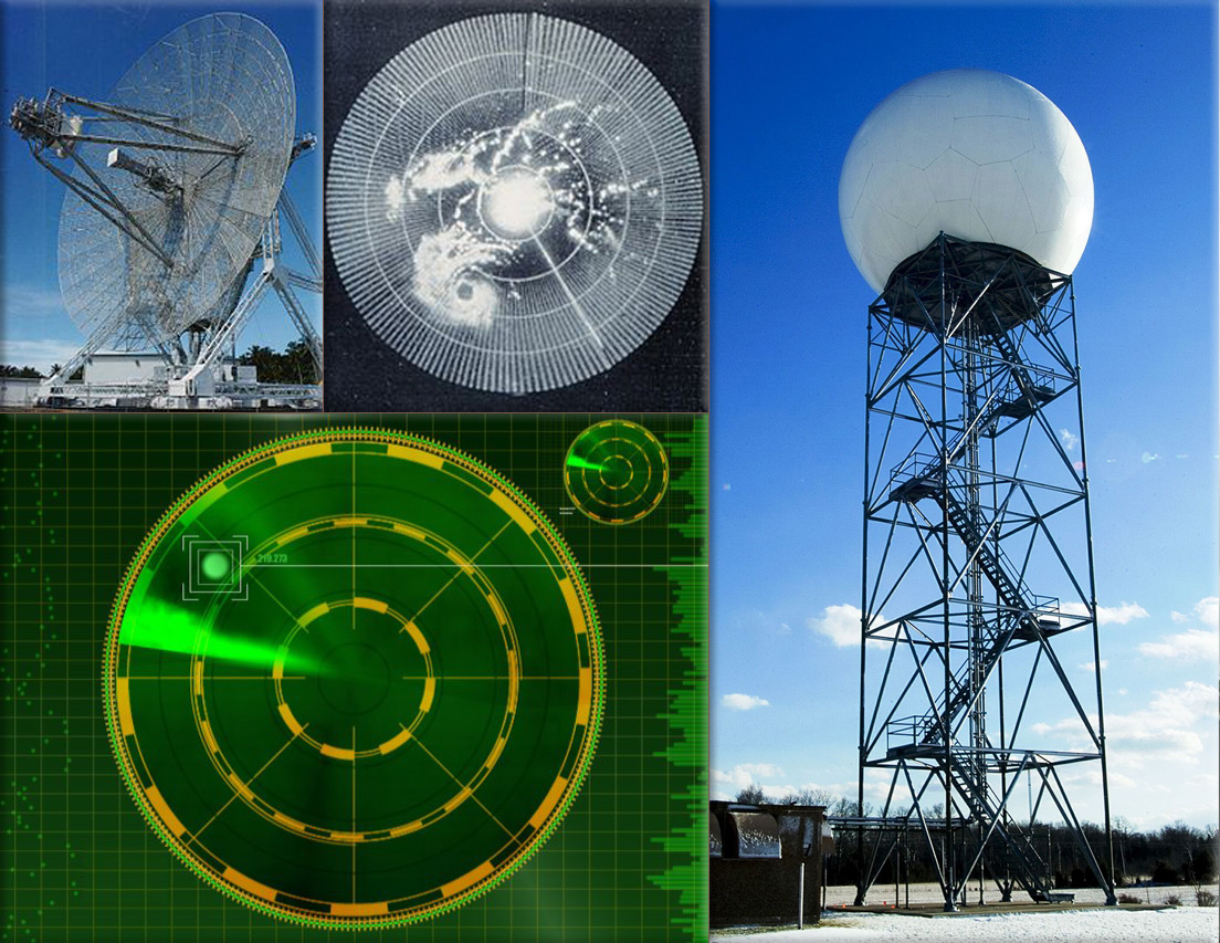 Long-range radar antenna, known as ALTAIR, used to detect and track space objects in conjunction with ABM testing at the Ronald Reagan Test Site on Kwajalein Atoll (Brightness can indicate reflectivity as in this 1960 weather radar image (of Hurricane Abby) - The radar's frequency, pulse form, polarization, signal processing, and antenna determine what it can observe) - Doppler radar tower