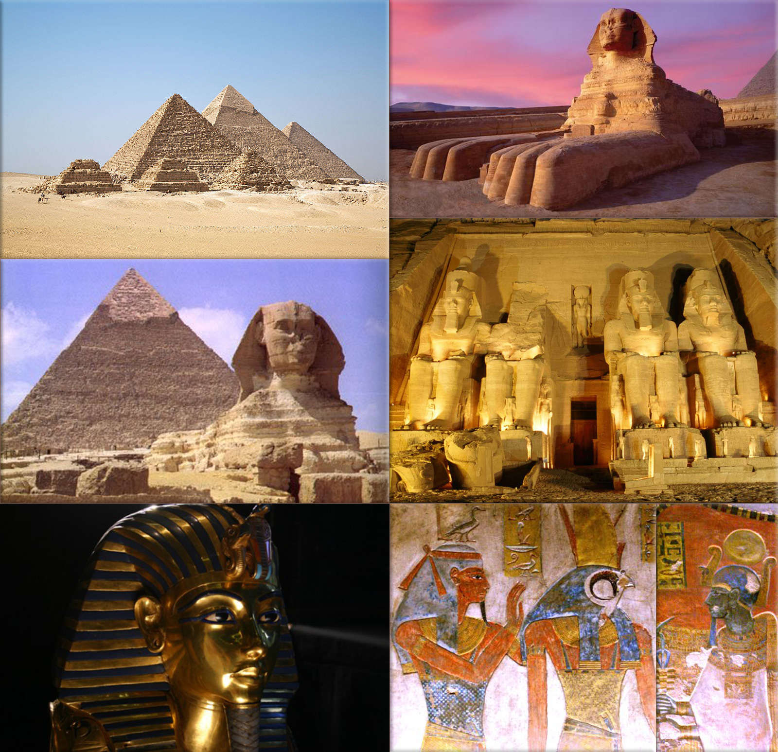 Ancient Egypt: Giza Pyramids ● Great Sphinx ● Abu Simbel Temples ● Egyptian King Tutankhamun  ● Beautiful images of Egyptian gods and goddesses adorn tomb walls in the Valley of the Kings - The god Ptah, a creator deity, in the tomb of Ramesses III 	● Abu Simbel Egypt