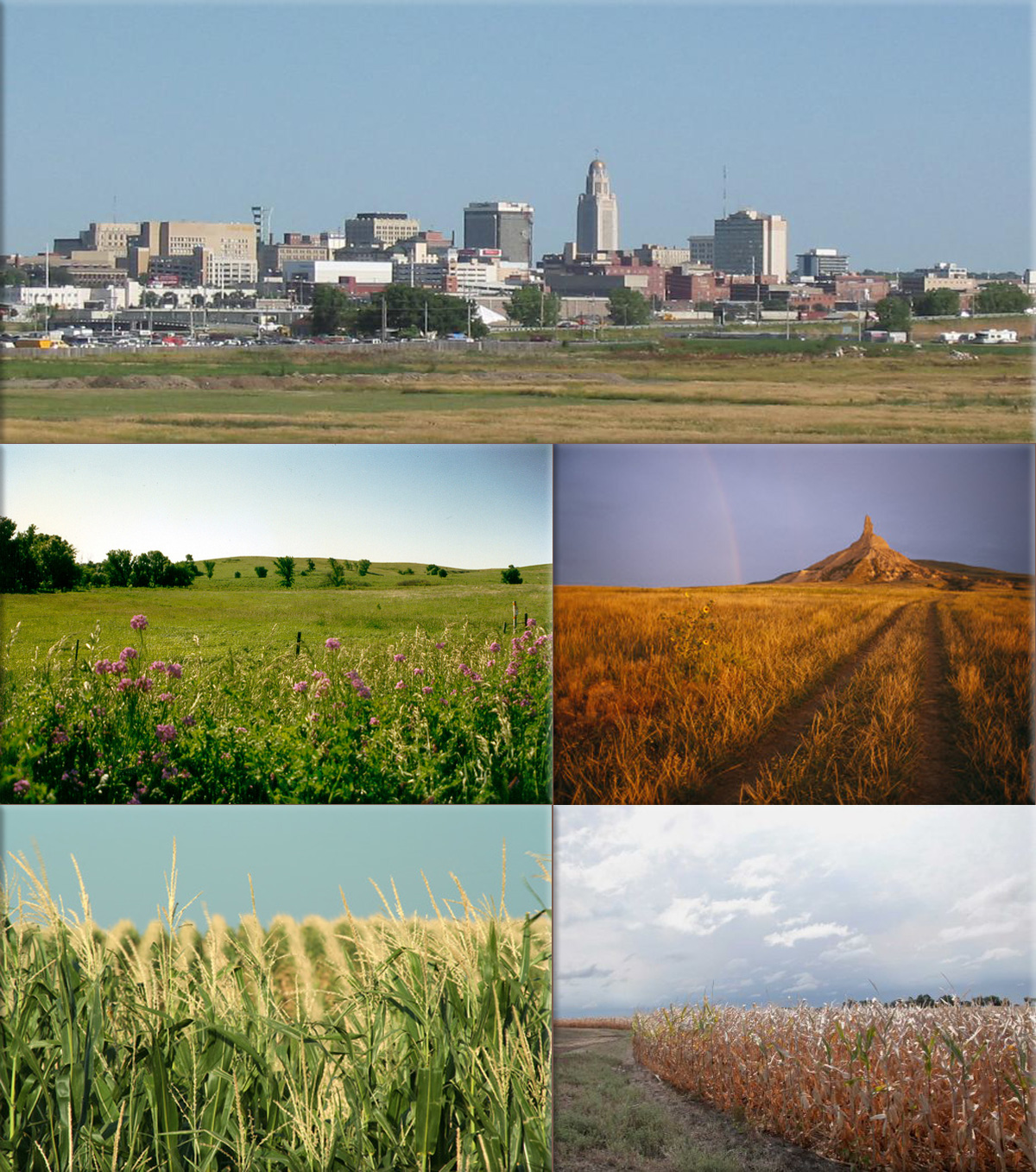 Nebraska is a state on the Great Plains of the Midwestern United States (Its state capital is Lincoln and its largest city is Omaha, on the Missouri River)