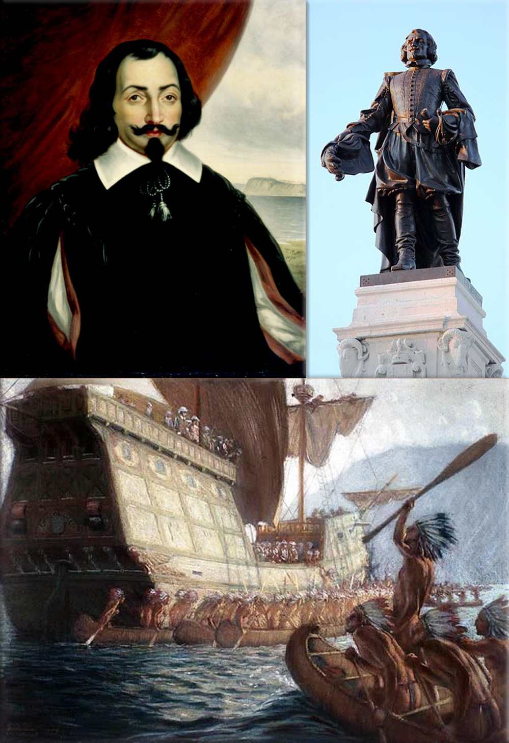 Samuel de Champlain: Statue of Samuel de Champlain at sunrise (looking to the north-west; with a similar expressive face as traditionally Jacques Cartier's) ● Painting by George Agnew Reid, done for the third centennial (1908), showing the arrival of Samuel de Champlain on the site of Quebec City