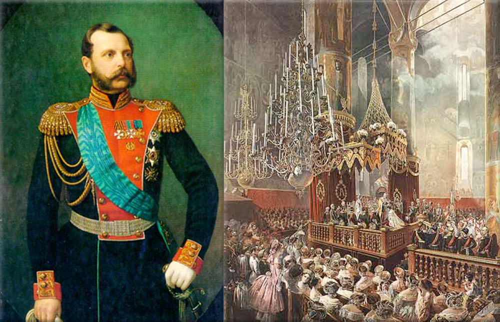 Coronation of Tsar Alexander II (by Mihály Zichy of the coronation of Emperor Alexander II and the Empress Maria Alexandrovna, which took place on 26 August/7 September 1856 at the Dormition Cathedral of the Moscow Kremlin - The painting depicts the moment of the coronation in which the Emperor crowns his Empress)