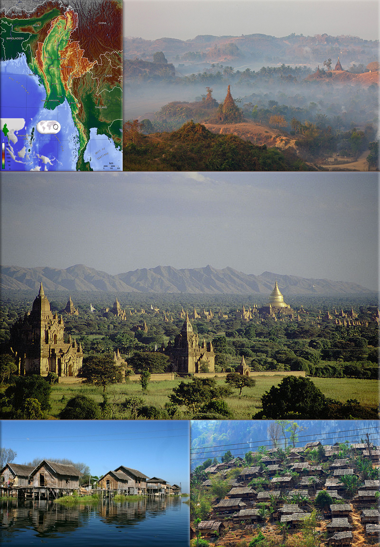 Burma (Myanmar) is a sovereign state in Southeast Asia. It is bordered by India, Bangladesh, China, Laos and Thailand
