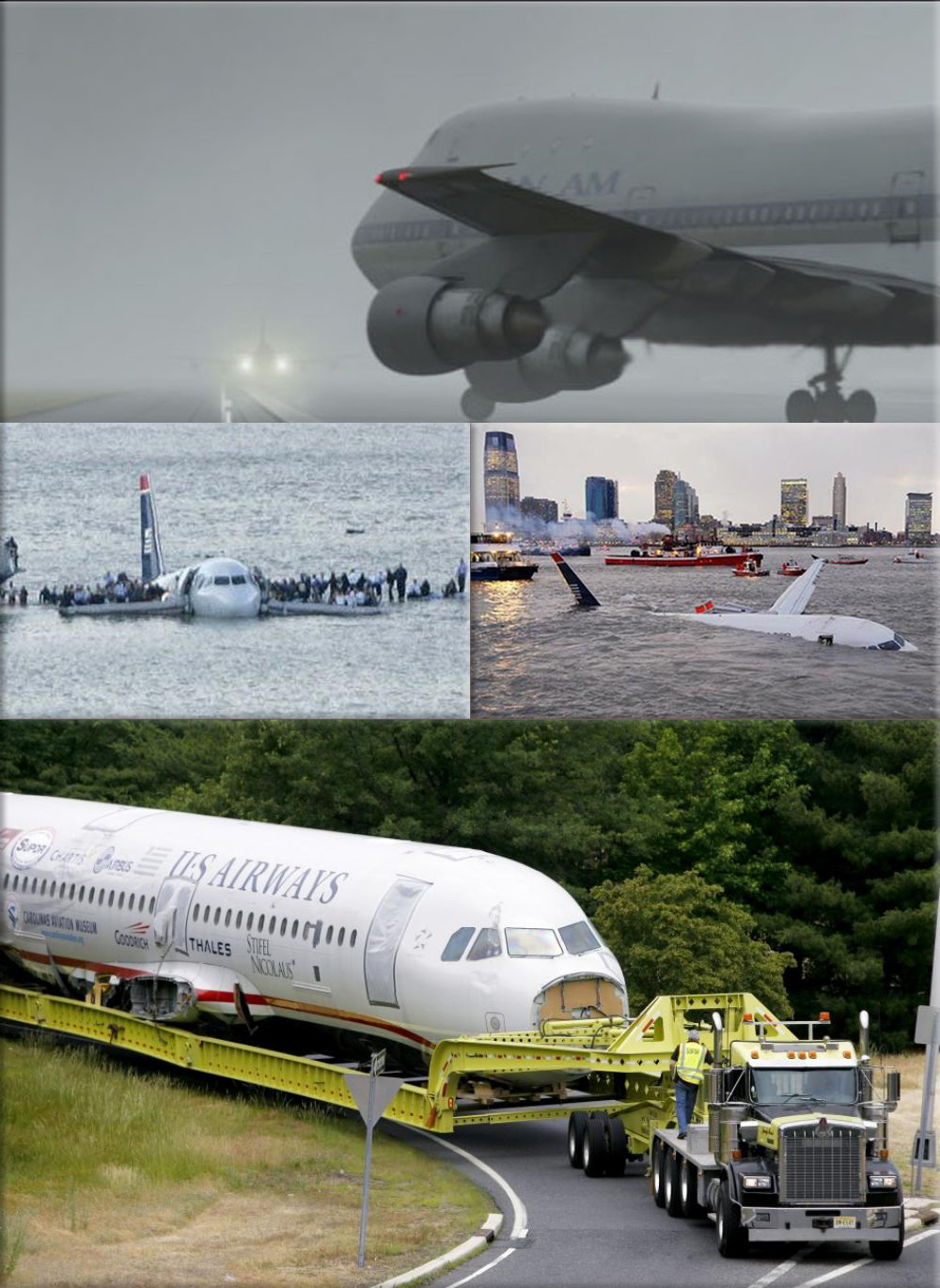 Airliners Crash: ● Pan AM 747 ● U.S. Airways flight 1549 also known as the 'Miracle on the Hudson' navigates an exit ramp near Burlington, New Jersey, June 5, 2011 ● Passengers stand on the wings of a U.S. Airways plane as a ferry pulls up to it after it landed in the Hudson River in New York, Reuters ● US Airways plane crashes into New York Hudson River, Photo: AP