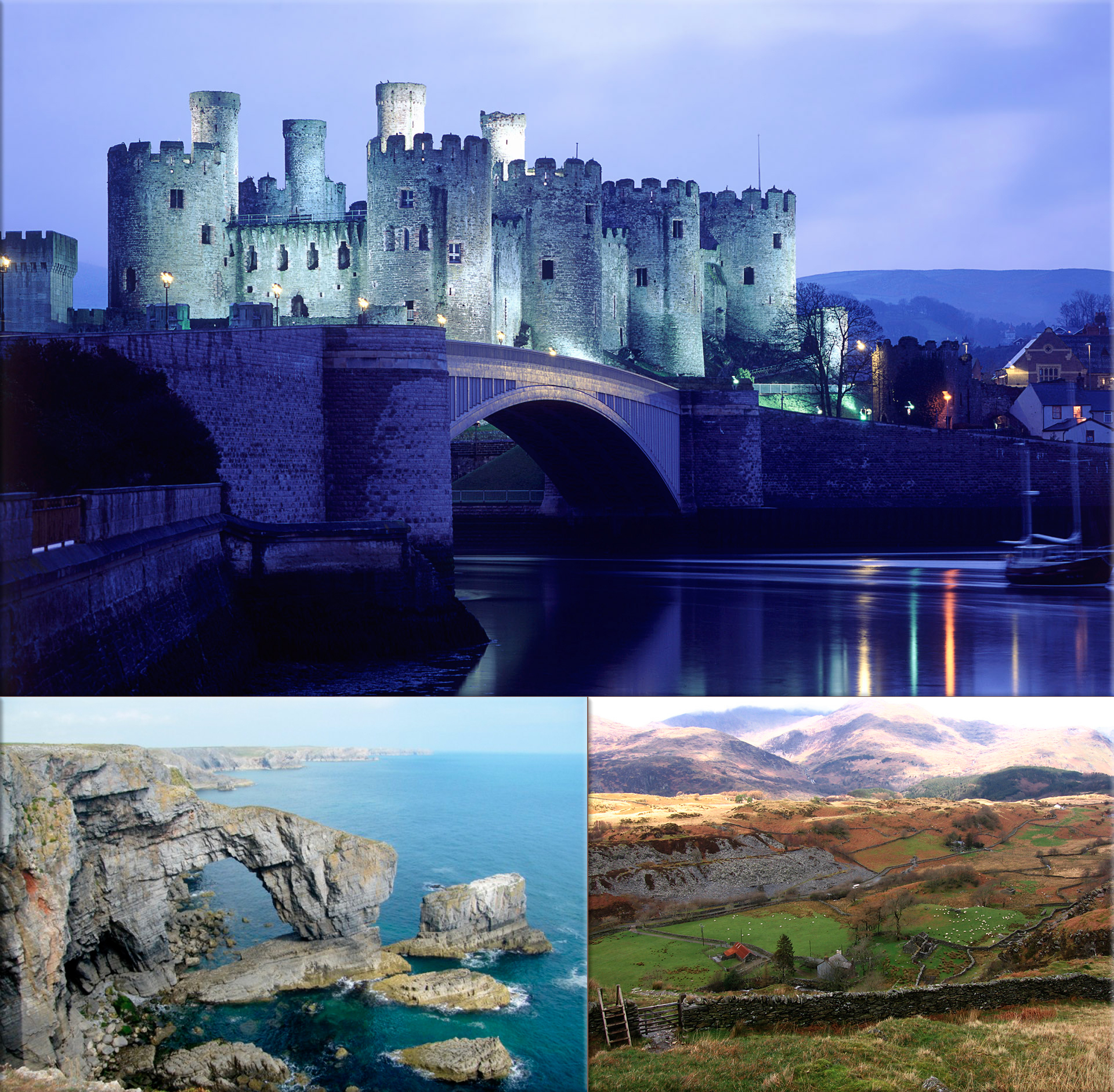 Wales: Conwy Castle, north coast of Wales ● The Green bridge of Wales ● Welsh landscape with sheep
