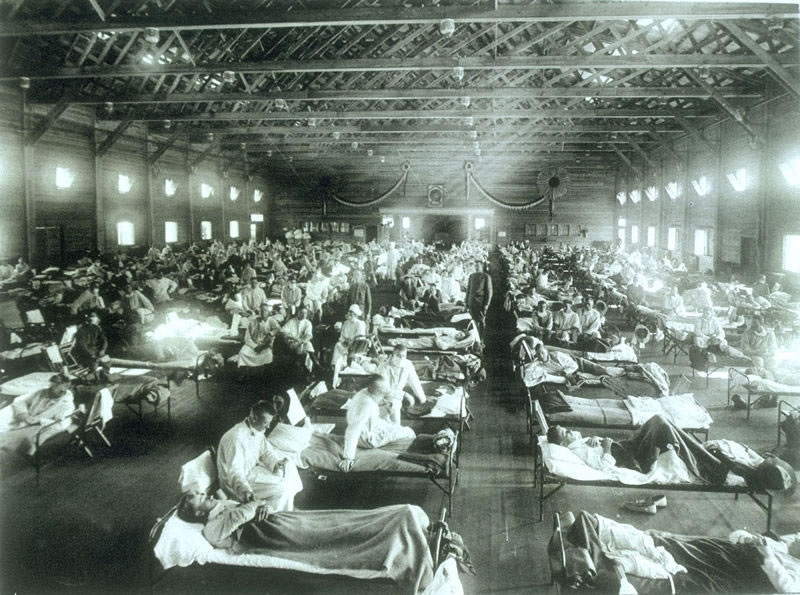 Soldiers from Fort Riley, Kansas ill with Spanish influenza at a hospital ward at Camp Funston