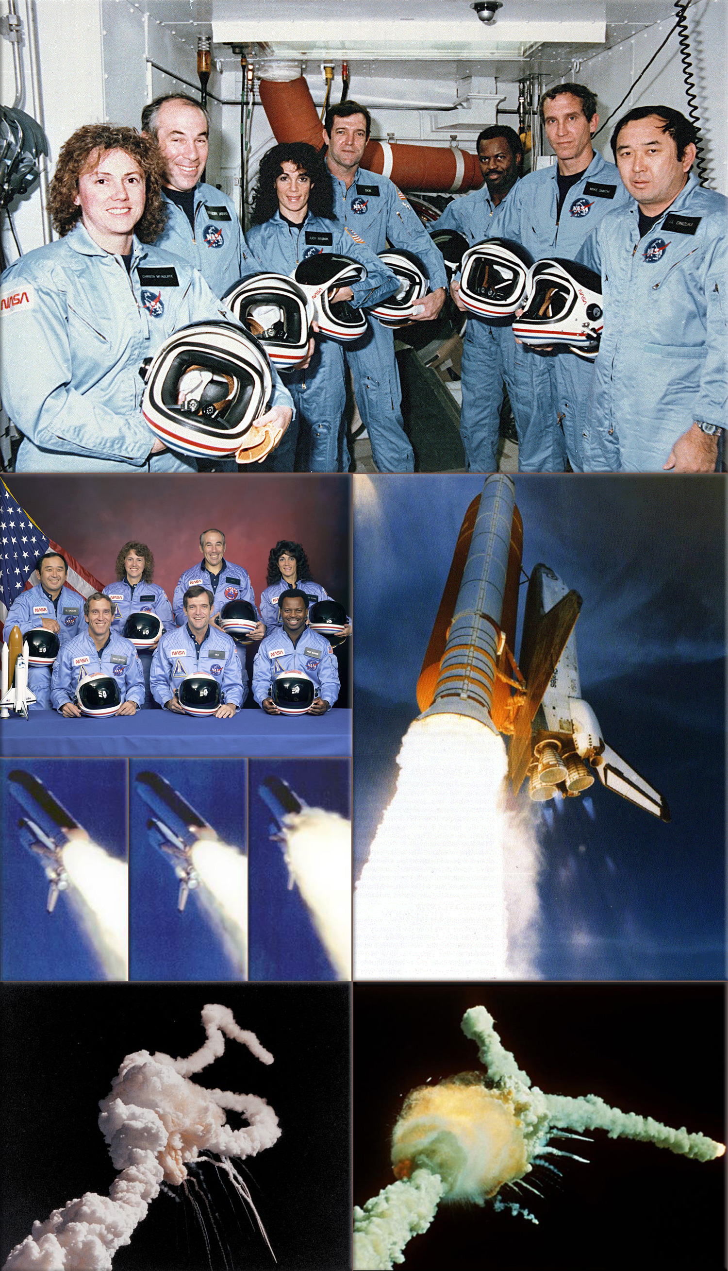 Space Shuttle Challenger disaster (Crew: Back row (L-R); Ellison Onizuka, Christa McAuliffe, Gregory Jarvis, Judith Resnik. Front row (L-R); Michael J. Smith, Francis 'Dick' Scobee, Ronald McNair)
