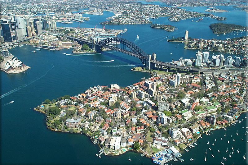Sydney Harbour from the air, showing the Opera House, the CBD, Circular Quay, the Bridge, the Parramatta River, North Sydney and Kirribilli in the foreground