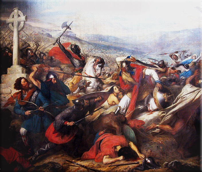 Islamic invasion of Gaul: Battle of Tours; Charles de Steuben's Bataille de Poitiers en Octobre 732 depicts a triumphant Charles Martel (mounted) facing ‘Abdul Rahman Al Ghafiqi (right)