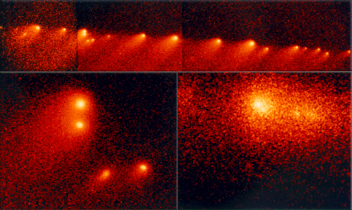 Comet Shoemaker-Levy 9, torn into pieces as a result of a close approach to Jupiter in July 1992, will collide with Jupiter during the third week of July 1994, credit NASA
