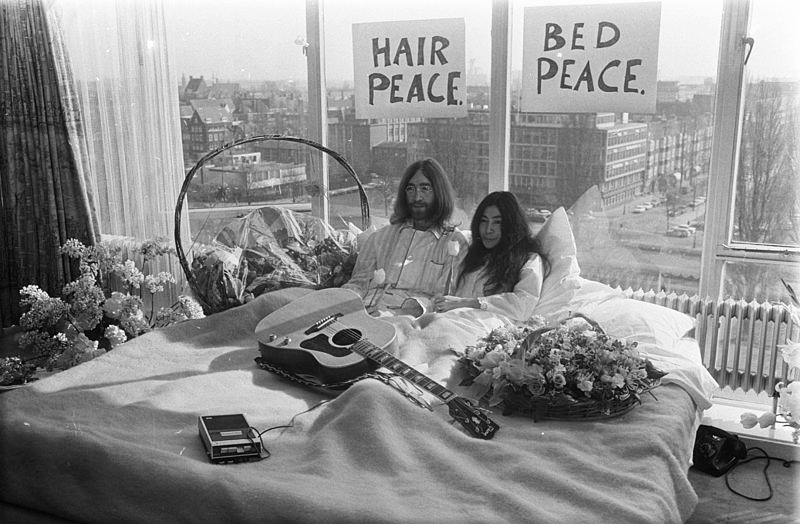 John Lennon & Yoko Ono at the first day of their Amsterdam Bed-In