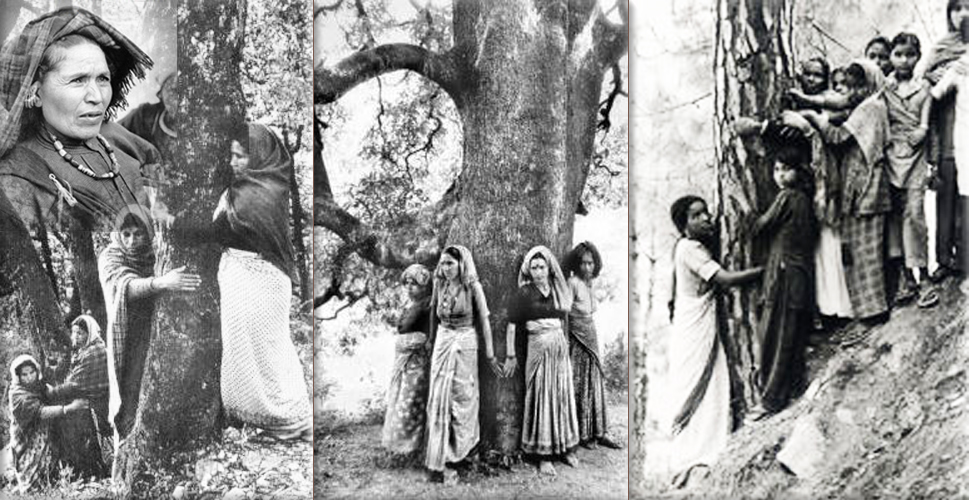 Gaura Devi leads a group of 27 women of Laata village, Henwalghati, Garhwal Himalayas, to form circles around trees to stop them being felled and giving rise to the Chipko Movement in India