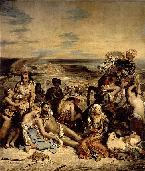 The massacre of the population of the Greek island of Chios by soldiers of the Ottoman Empire following an attempted rebellion, depicted by the French artist Eugène Delacroix