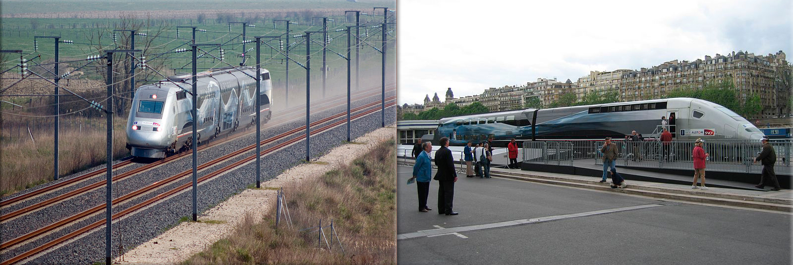 TGV 4402 (operation V150) reaching 574 km/h on 3 April 2007 near Le Chemin, France. ● Part of TGV trainset 4402 displayed near the Eiffel Tower after the record