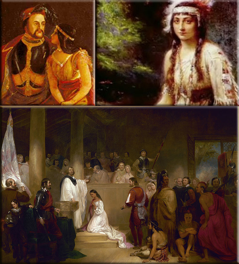 An 1850s painting of John Rolfe and Pocahontas ● Pocahontas ● Rolfe (right, standing behind Pocahontas) as portrayed in The Baptism of Pocahontas, 1840, by John Gadsby Chapman
