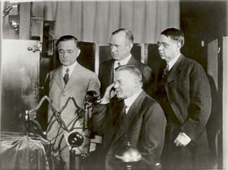 Herbert Hoover, then Secretary of Commerce, shown as he took part in the first public demonstration of inter-city television broadcasting