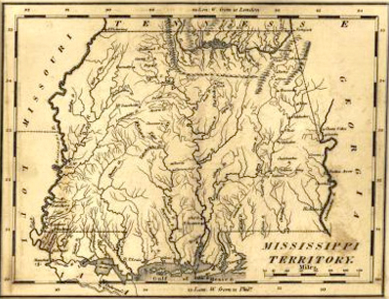 Mississippi Territory published ca. 1813 by Mathew Carey. (The right half of the map is the present-day state of Alabama), credit Encyclopediaofalabama.org