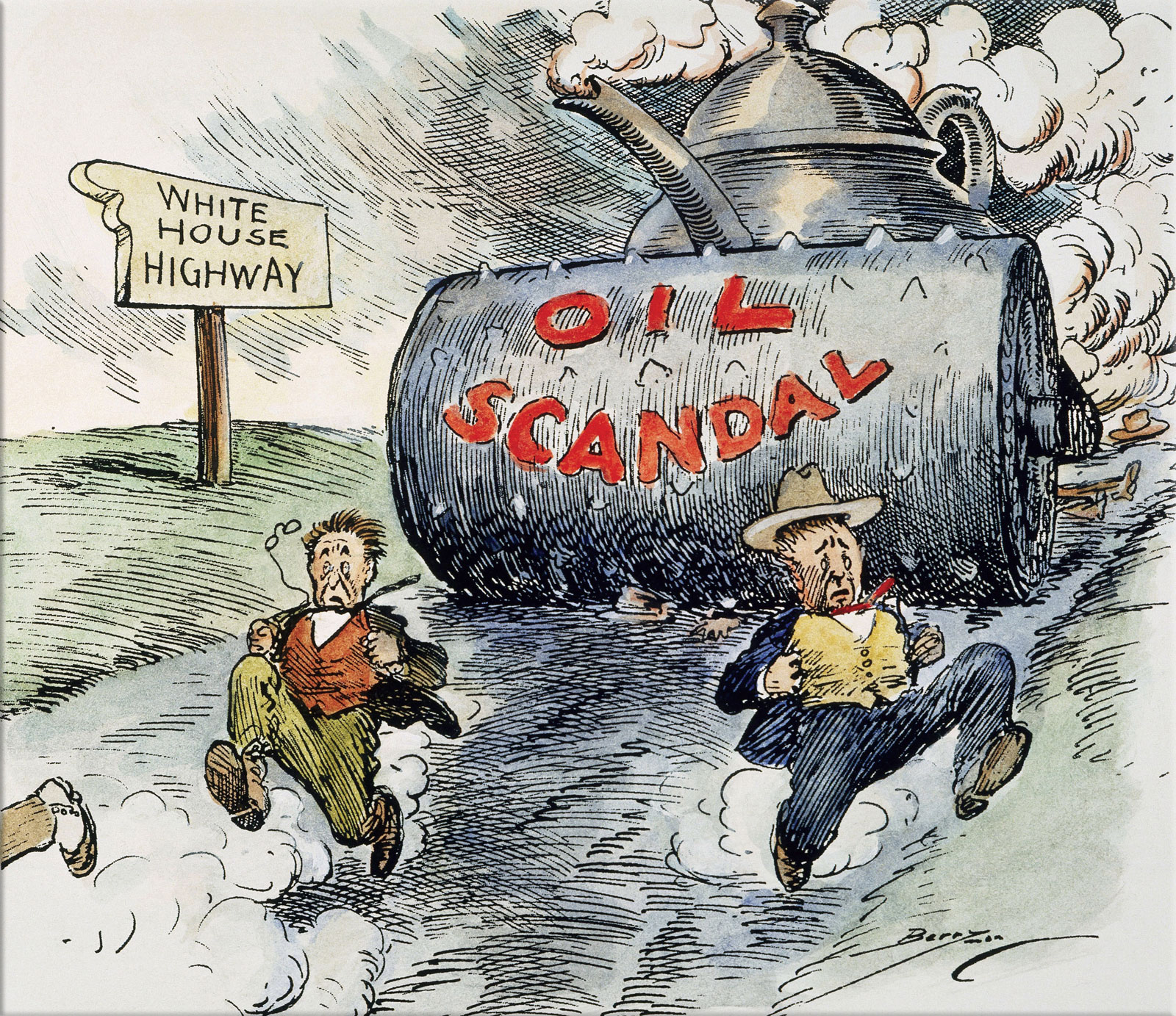 Teapot Dome scandal: A 1924 cartoon shows Washington officials racing down an oil-slicked road to the White House, trying desperately to outpace the Teapot Dome scandal of President Warren G. Harding's administration. credit The Granger Collection, New York