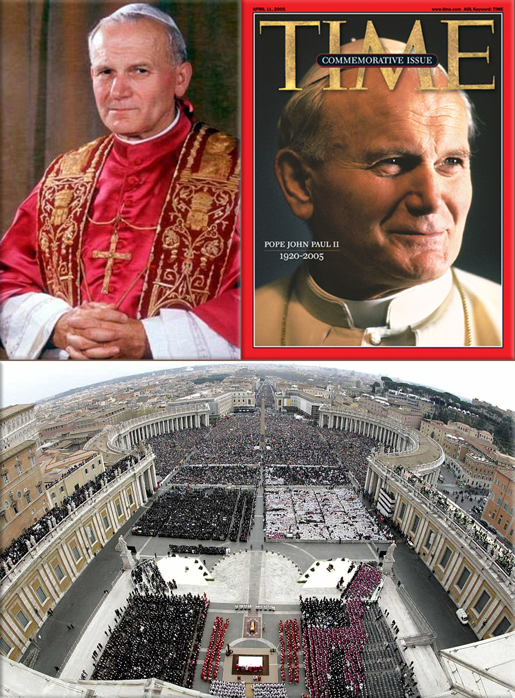 Pope John Paul II: 1920-2005 ● April 11th, 2005 edition Time Cover ● Arial view of the funeral of John Paul II where 4 million attended.