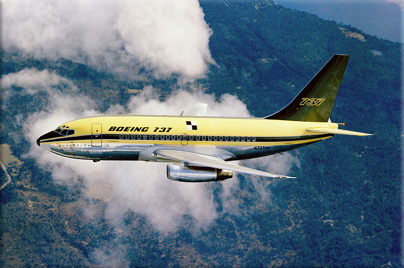 The first Boeing 737 (a 100 series) makes its maiden flight