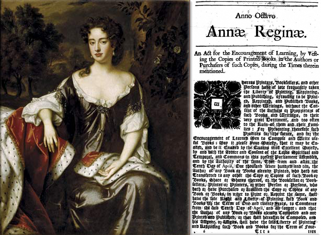 The Statute of Anne, the first law regulating copyright, enters into force in Great Britain