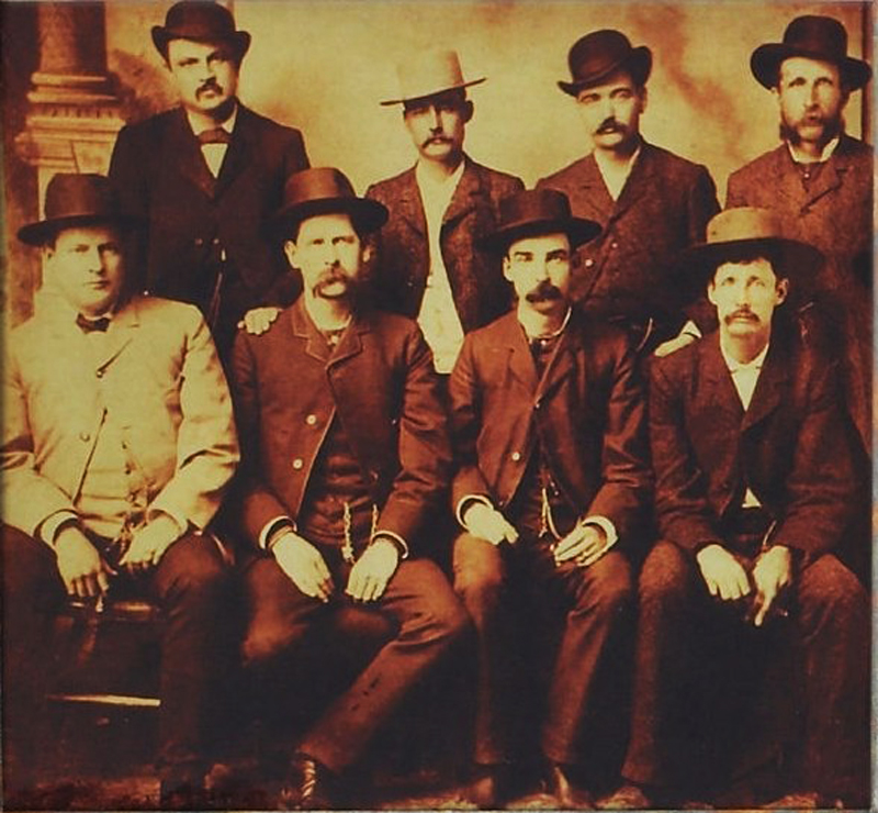 The 'Dodge City Peace Commission' June 1883. From left to right, standing: W.H. Harris, Luke Short, Bat Masterson, W.F. Petillon. Seated: Charlie Bassett, Wyatt Earp, Frank McLain and Neal Brown