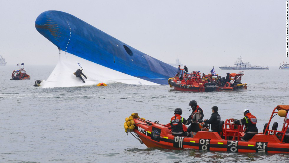The South Korean ferry MV Sewol capsizes and sinks near Jindo Island, killing 304 passengers and crew and leading to widespread criticism of the South Korean government, media, and shipping authorities.
