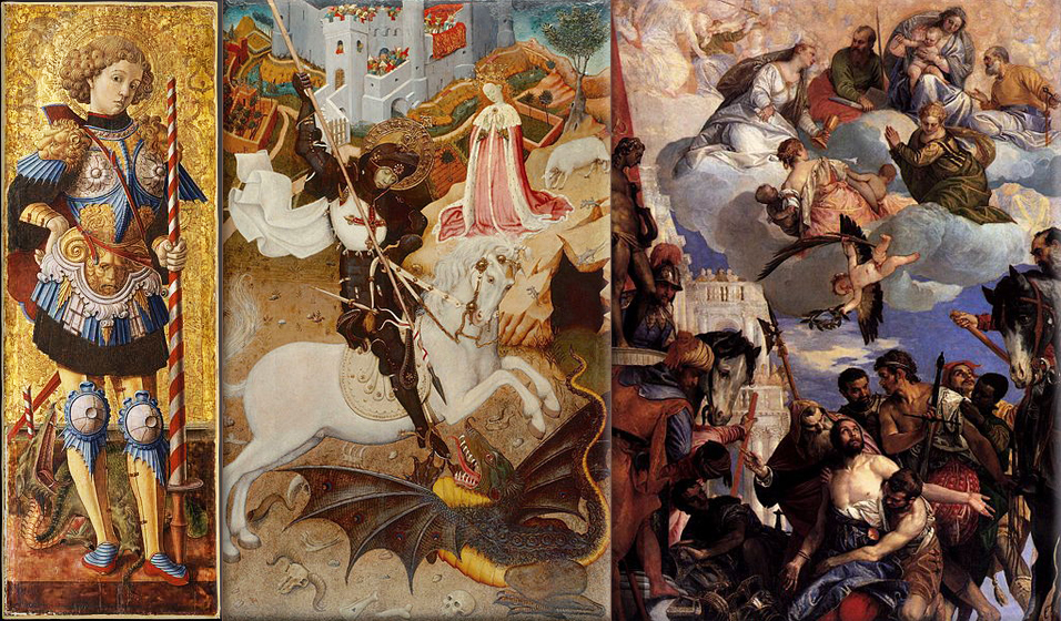 Saint George; 1472, by Carlo Crivelli ● Saint George Killing the Dragon, 1434/35, by Martorell ● The martyrdom of Saint George, by Paolo Veronese, 1564