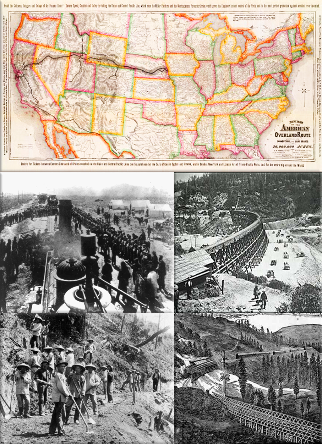 The First Transcontinental Railroad (known originally as the 'Pacific Railroad' and later as the 'Overland Route') was a railroad line built in the United States of America between 1863 and 1869 by the Central Pacific Railroad of California and the Union Pacific Railroad that connected its statutory Eastern terminus at Council Bluffs, Iowa/Omaha, Nebraska (via Ogden, Utah, and Sacramento, California) with the Pacific Ocean at Oakland, California on the eastern shore of San Francisco Bay opposite San Francisco