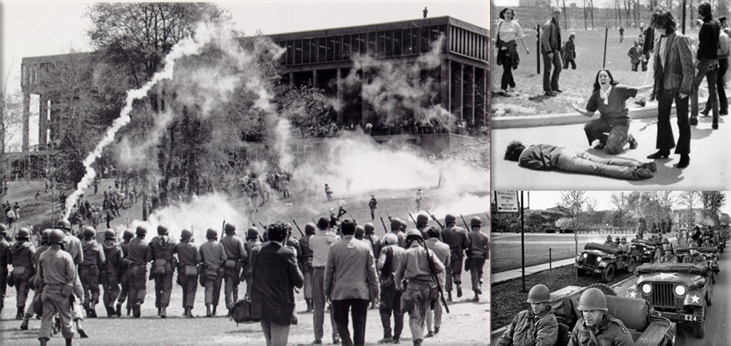 Vietnam War: Kent State shootings: the Ohio National Guard, sent to Kent State University after disturbances in the city of Kent the weekend before, opens fire killing four unarmed students and wounding nine others. The students were protesting the United States' invasion of Cambodia