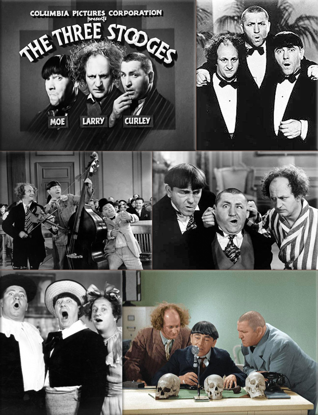 Three Stooges: Columbia Pictures Corporation - Title frame featuring Moe, Larry and Curly (spelled 'Curley') ● Three Stooges colorized, credit Fanpop, Clubs