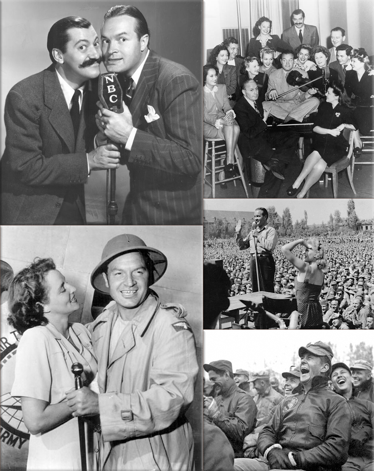 Bob Hope and Jerry Colonna; 1940 NBC, NBC Photo Service ● Bob and Dolores Hope ● Bob Hope Collection, Jack Benny and Bob Hope 1940; Motion Picture, Broadcasting and Recorded Sound Division (89C.2) ● Bob Hope USO Show - Fritzlar, Germany (Hesse) July 26, 1945 - Gale Robbins on stage with Bob Hope ● 1950 Mr Korea, Bob Hope USO Show at Seoul (Audience reaction to the Bob Hope show at Seoul, Korea. October 23, 1950. Capt. Bloomquist. (Army) NARA FILE # 111-SC-351580. (Department of Defense Photo))