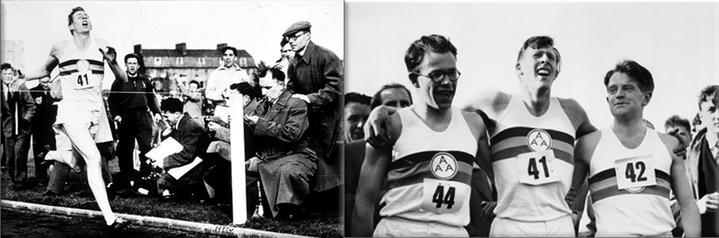 Roger Bannister breaking the four-minute mile barrier in 1954 ● Roger Bannister, who burst through the legendary four-minute barrier to run the mile at Oxford, England on May 6, 1954 in 3:59.4, embraces his competitors Chris Brasher, left, and Chris Chataway, right, after he learned of his new record