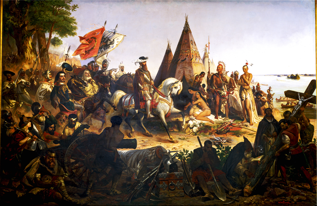 Conquistadors from Spain: The De Soto expedition; Romantic painting, created in 1847, envisions de Soto's 1541 encounter with the Mississippi River and the Indians who lived nearby. (Discovery of the Mississippi, by William H. Powell, Capitol Rotunda, Washington, D.C.)