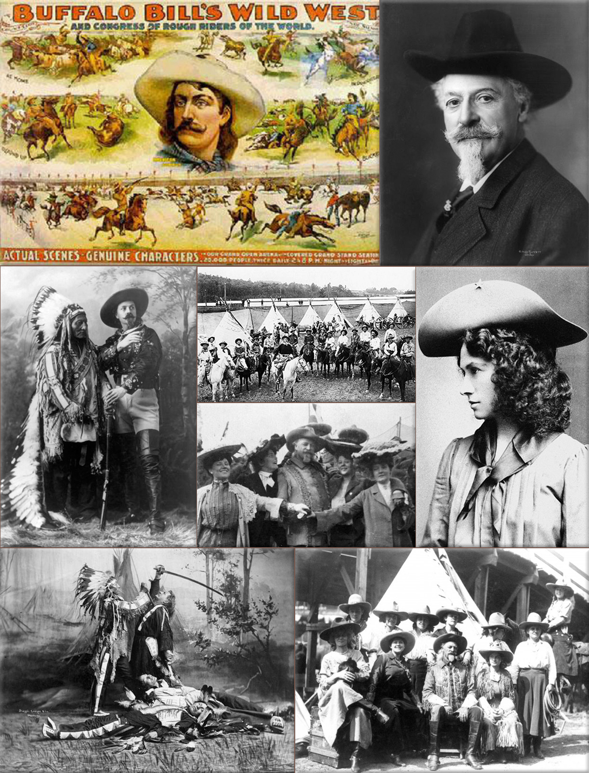 Buffalo Bill Cody's Wild West Show:  ● Sitting Bull and Buffalo Bill, Montreal, QC, 1885 ● 'Buffalo Bill' Cody and his wild west travelling show, which thrilled London in 1887. Photograph: PA ● Annie Oakley ● 'The Death of Custer' from the Two Bill's Show 1905 ● Fannie Sperry Steele (back row, far left) is pictured with Buffalo Bill Cody and his Wild West Show cowgirls, in Chicago, 1916.