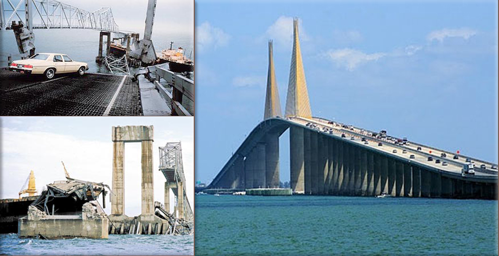 In Florida, Liberian freighter MV Summit Venture collides with the Sunshine Skyway Bridge over Tampa Bay, making a 1,400-ft. section of the southbound span collapse. 35 people in six cars and a Greyhound bus fall 150 ft. into the water and die