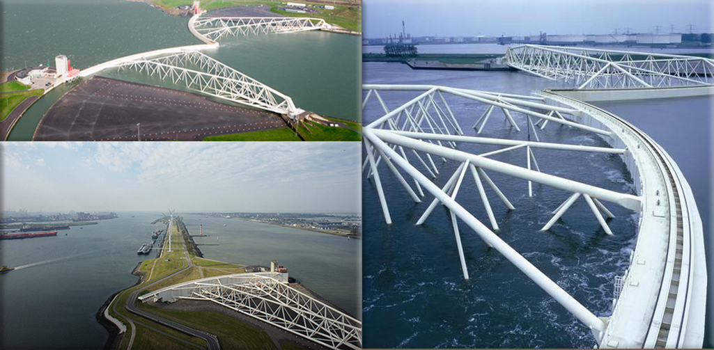 The Maeslantkering, a storm surge barrier in the Netherlands that is one of the world's largest moving structures, is opened by Queen Beatrix