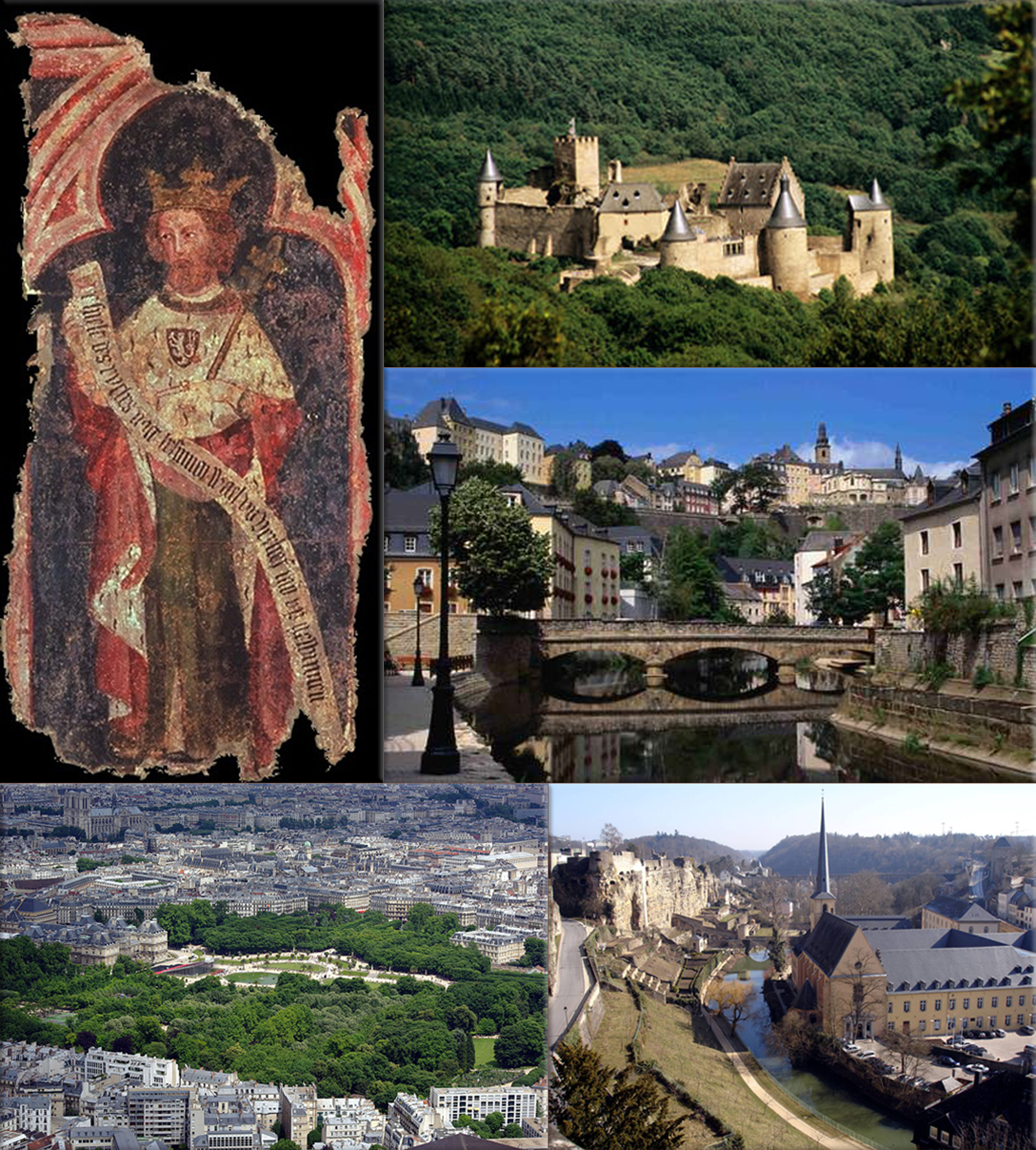 Luxembourg: Charles IV, the 14th century Holy Roman Emperor and king of Bohemia from the House of Luxembourg  ● Castle amongst forested slopes in Luxembourg Ardennes ● Luxembourg ● Luxembourg Old Town