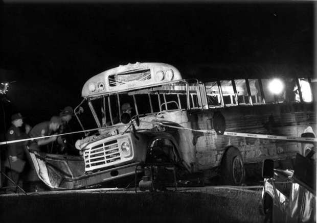Carrollton bus collision: a drunk driver traveling the wrong way on Interstate 71 near Carrollton, Kentucky, United States hits a converted school bus carrying a church youth group. 27 die the in the crash and ensuing fire on May 14th, 1988.