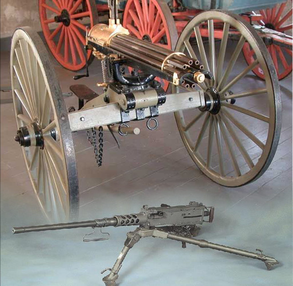Gatling gun (1876 Gatling gun kept at Fort Laramie National Historic Site)  ● A .50 caliber M2 machine gun: John Browning's design has been one of the longest serving and most successful machine gun designs