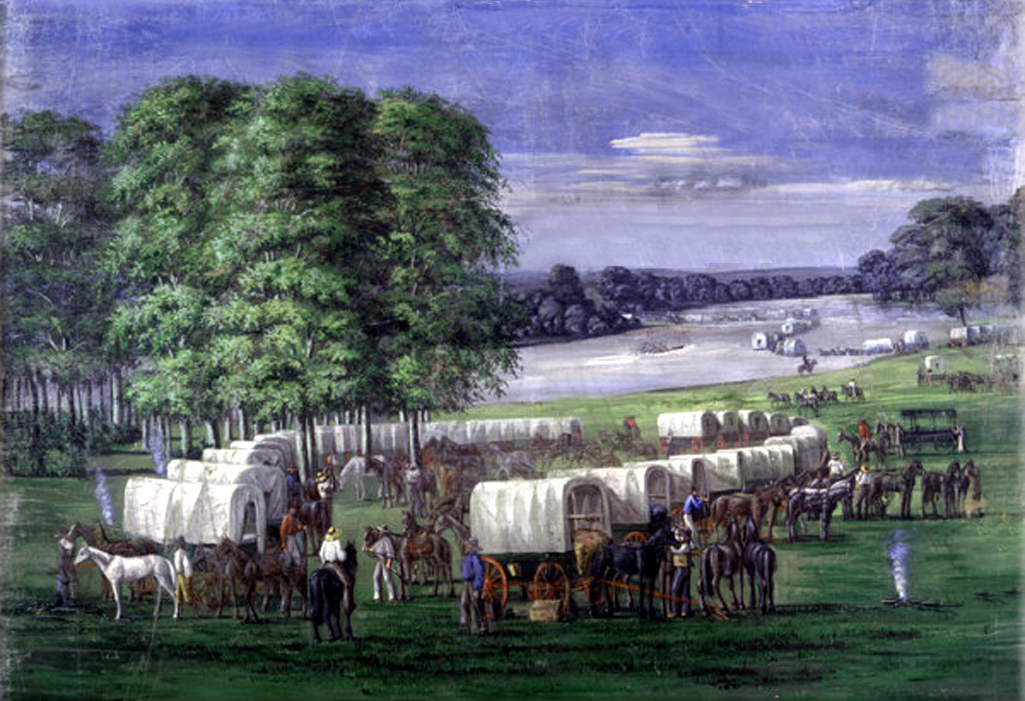 The first major wagon train heading for the Pacific Northwest sets out on the Oregon Trail with one thousand pioneers from Elm Grove, Missouri on May 16th, 1843