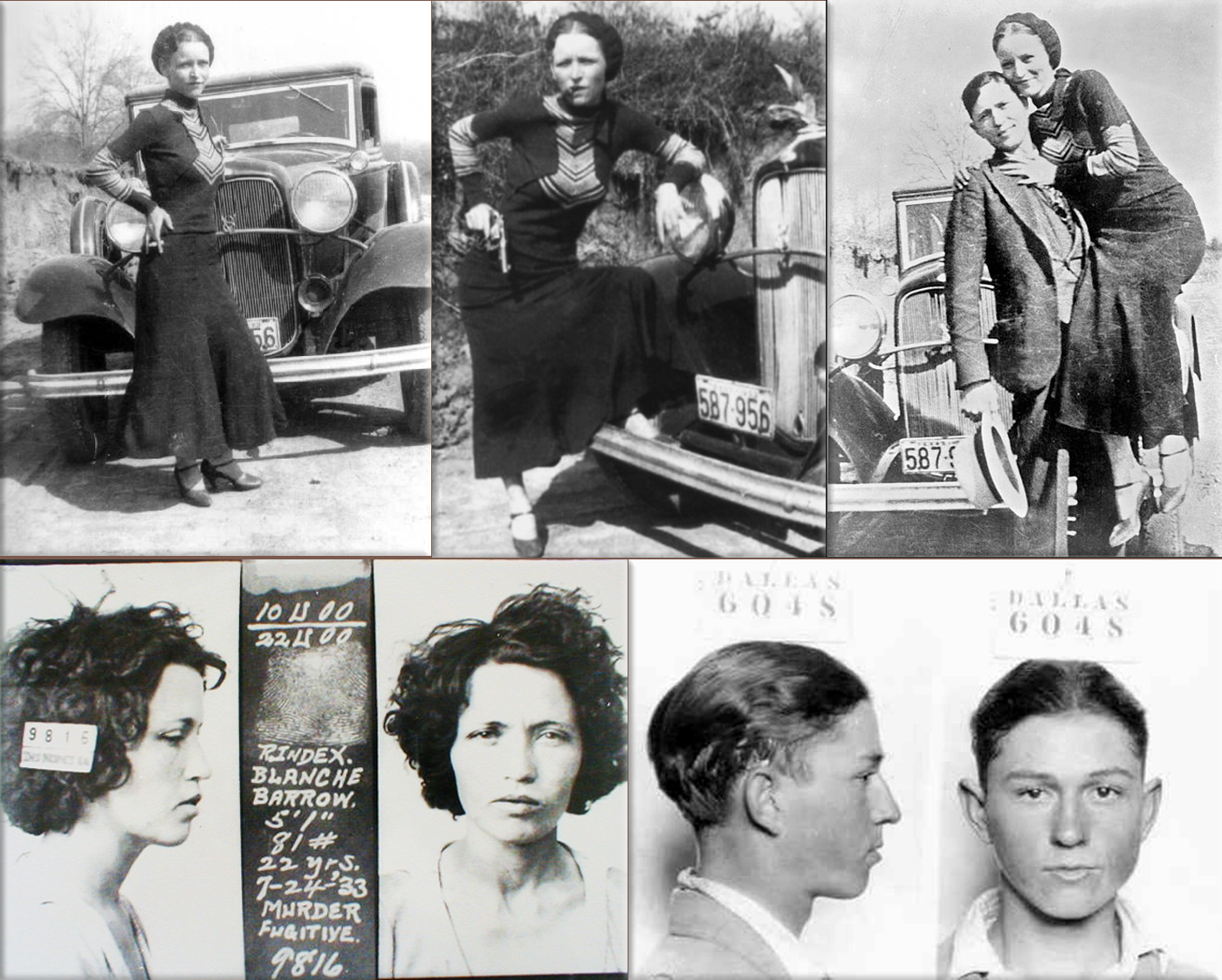 American bank robbers Bonnie and Clyde: ● Parker with 1932 Ford V-8 B-400 convertible sedan. Captured Joplin film ● Bonnie and Clyde in March 1933, in a photo found by police at the Joplin, Missouri hideout ● Blanche spent the rest of the 1930s in prison for her four-month run with the gang; she weighed just 81 pounds when captured ● Clyde Barrow in 1926, aged 16.