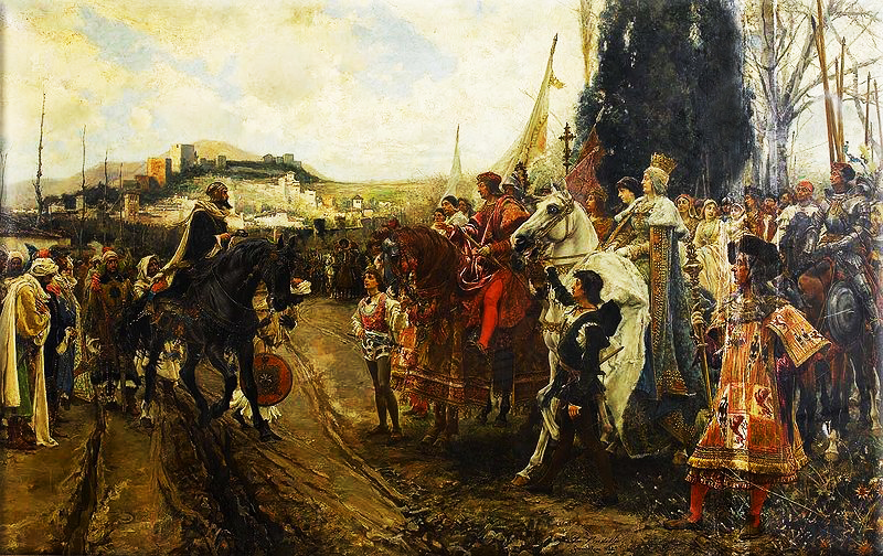 Reconquista: The Capitulation of Granada, 1882 showing Muhammad XII confronting Ferdinand and Isabella