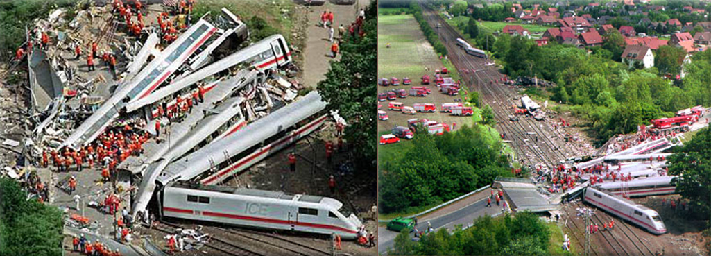 Eschede train disaster: an ICE high speed train derails in Lower Saxony, Germany, causing 101 deaths
