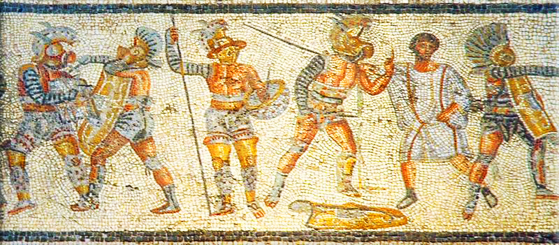 Gladiators: Part of the Zliten mosaic from Libya (Leptis Magna), about 2nd century.