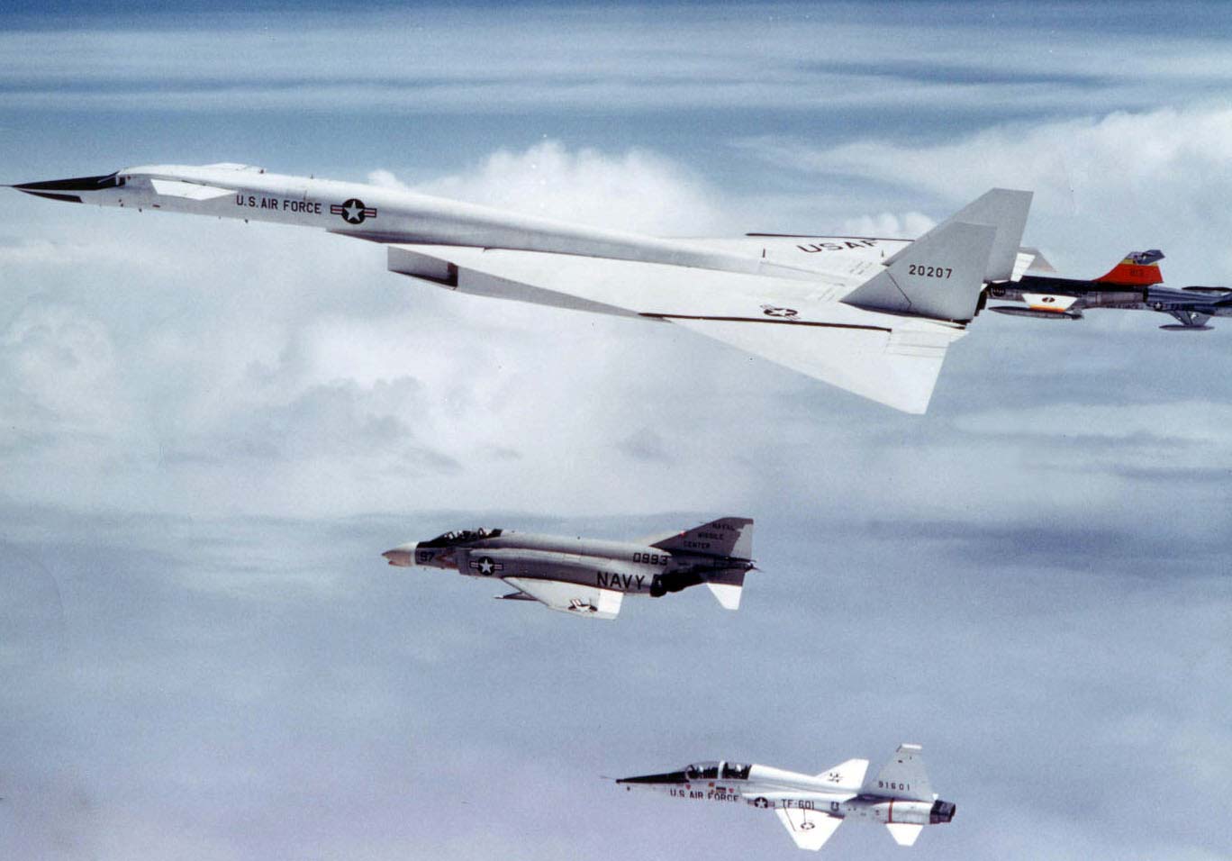 An F-104 Starfighter collides with XB-70 Valkyrie prototype no. 2 destroying both planes during a photo shoot near Edwards Air Force Base