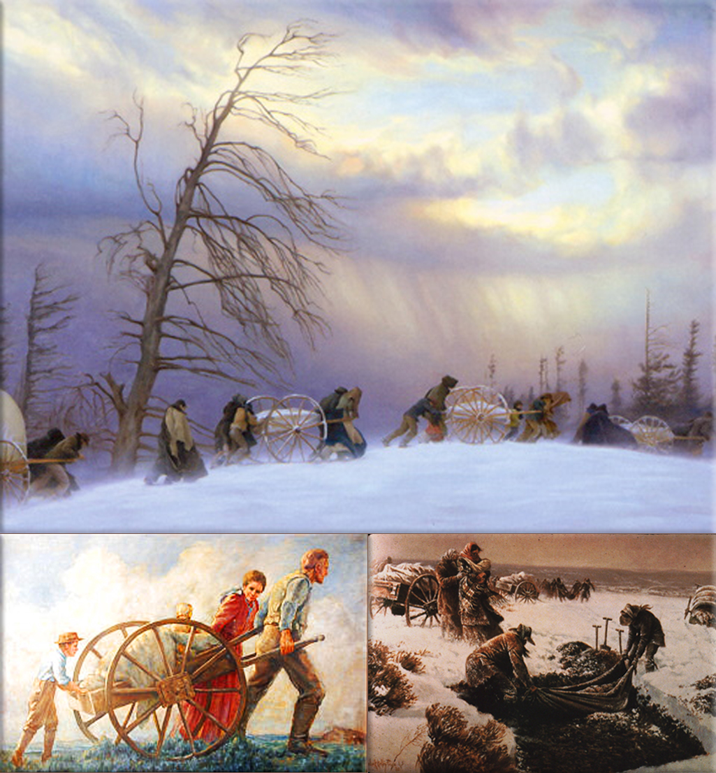 Mormon Battalion by George Ottinger (Utah State Historical Society); Scandinavian Pioneers pulled their handcarts 1,300 miles across the plains to the valley of the Great Salt Lake