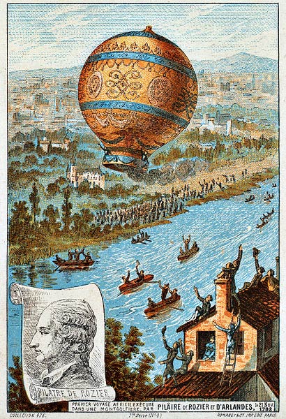 In Paris, Jean-François Pilâtre de Rozier and François Laurent, Marquis d'Arlandes, make the first untethered hot air balloon fligh