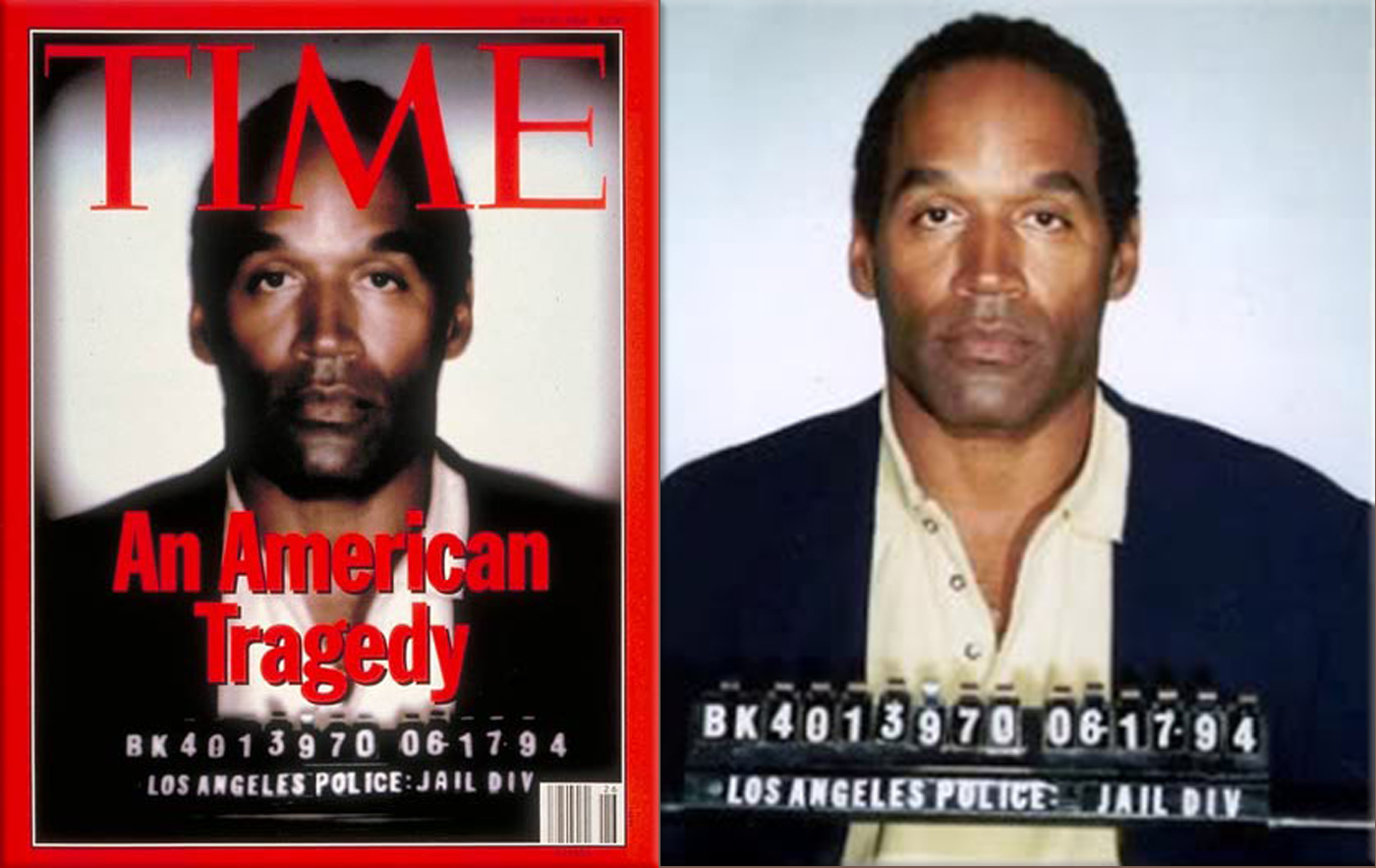 O. J. Simpson murder case: on the cover of TIME (darkened mugshot of troubled football star appeared on the cover of TIME Magazine)