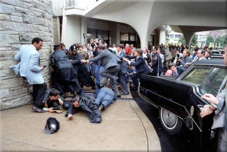 The attempted assassination on US President Ronald Reagan in 1981. (It was on June 21st, 1982 that the would-be assassin John Hinckley, Jr. would be found not guilty by a Washington DC court on the grounds of insanity.)