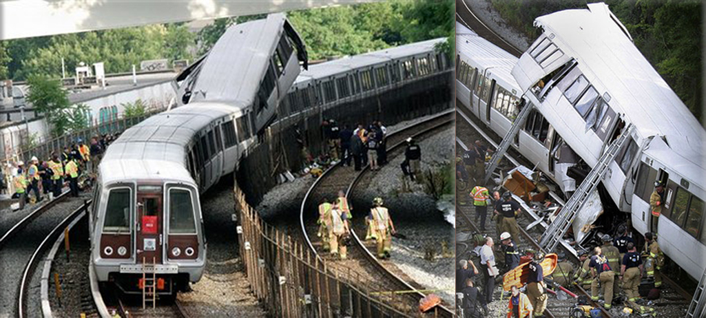 Washington Metro train collision: Two Metro trains collide in Washington, D.C., USA, killing nine and injuring over 80 on June 22nd, 2009.